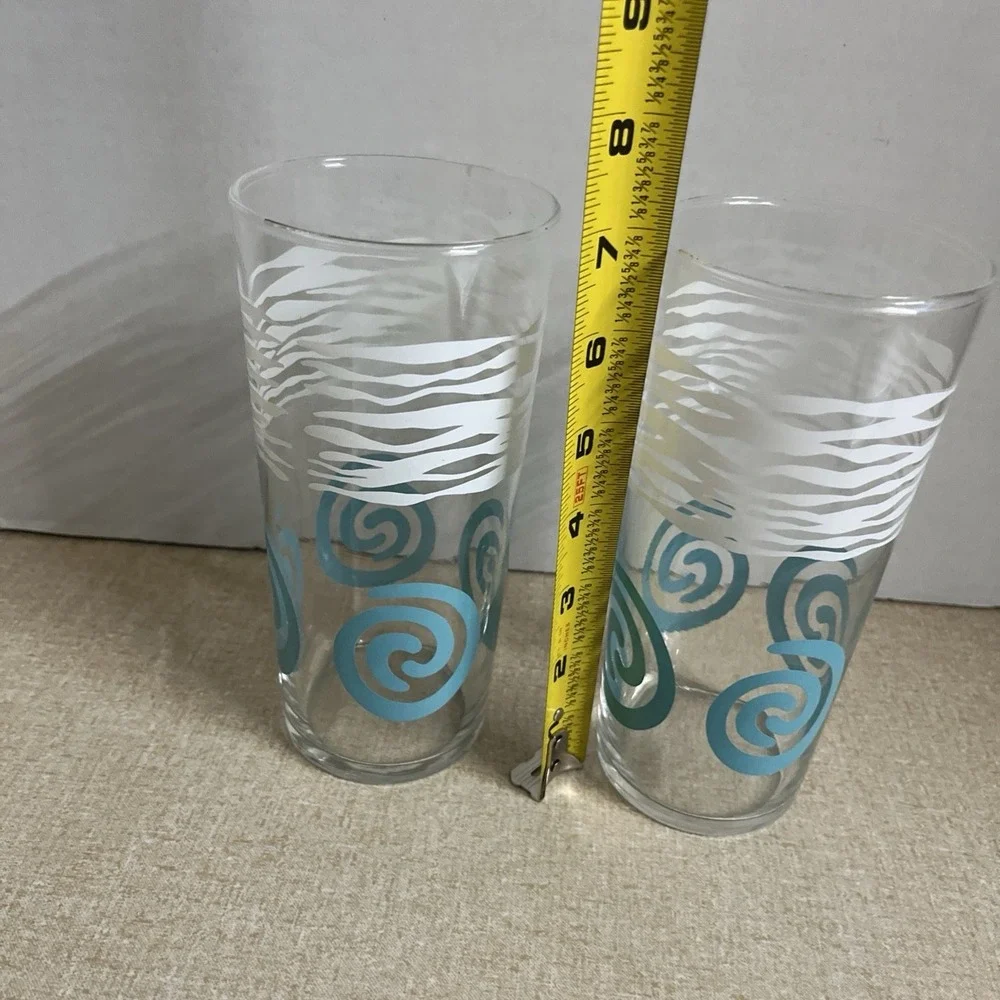 2- Vtg Federal Glass MC Tumblers Teal Swirl Circles 6 1/4